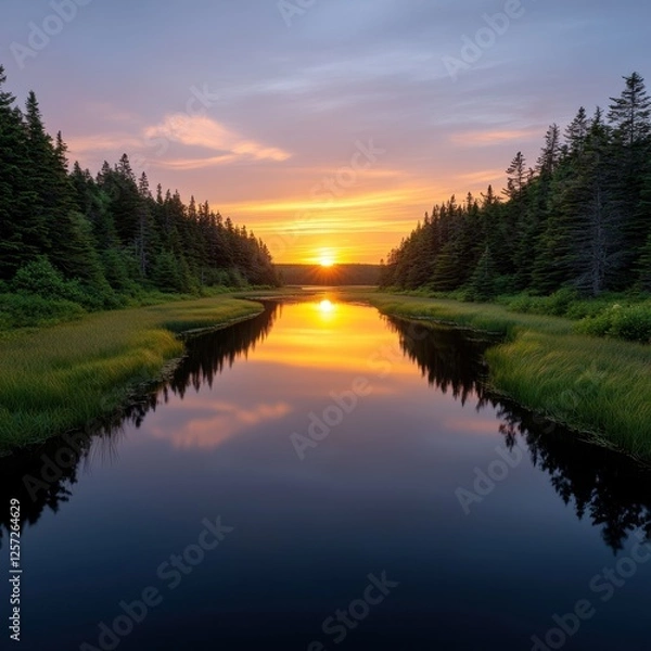 Fototapeta Serene Sunrise Reflection Over Forest River