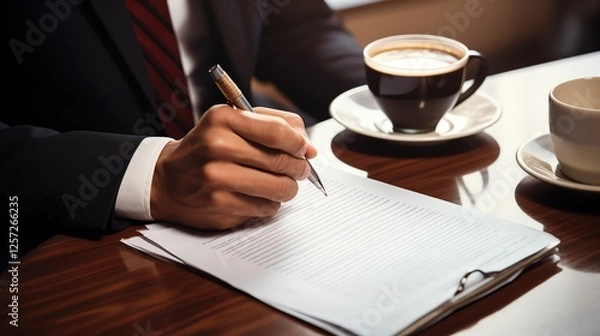 Fototapeta Professional man writes notes with coffee.