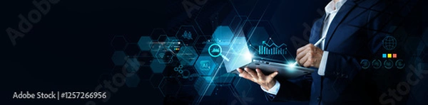 Obraz Businessman using tablet for data business searching analysis financial data customers database, Algorithm, Data science, Corporate strategy for operations, sales and marketing, Global business.
