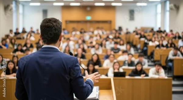 Fototapeta University lecture: professor engaging students in a packed classroom