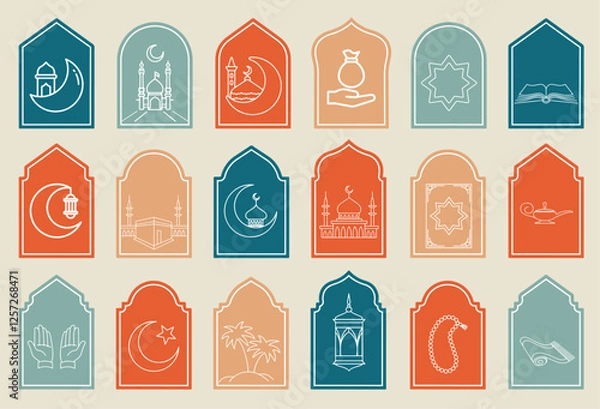 Fototapeta Arabic frames or arabian doors. Muslim architecture design elements, eid mubarak gates