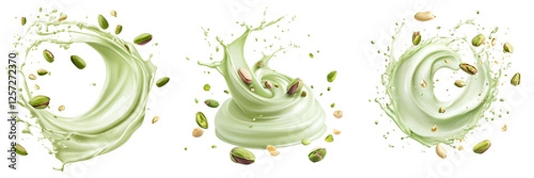 Fototapeta Set of Pistachio nuts falling into a splash of milk on a transparent background, creating dynamic motion with droplets and milk splashes on transparent png background. Ai generated