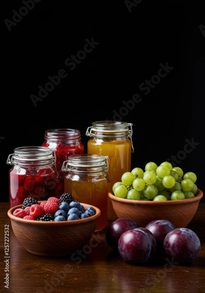 Fototapeta Assorted fresh fruits and jars of juice on wooden table against dark background