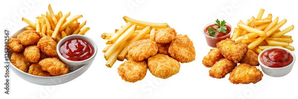 Fototapeta Set of A close-up shot of a paper plate piled high with crispy golden French fries and golden-brown chicken nuggets on transparent png background. Ai generated