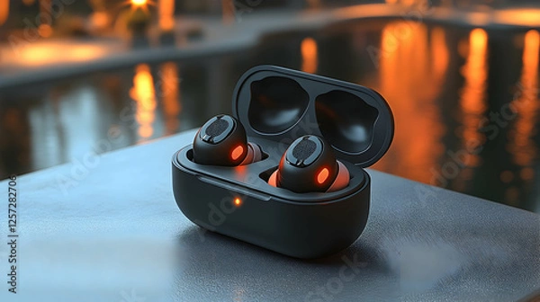 Obraz 3D Render Wireless Earbuds, Charging Case, Poolside Relaxation
