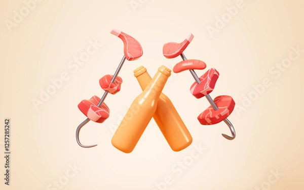 Fototapeta Cartoon beer and barbecue with orange background, 3d rendering.