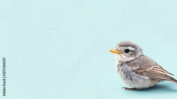 Fototapeta Small gray bird with a yellow beak sits peacefully