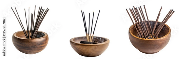 Fototapeta Set of Close-up of agarbatti incense sticks burning gently in a ceramic holder, with soft smoke rising in a warm, rustic Indian temple setting on transparent png background. Ai generated