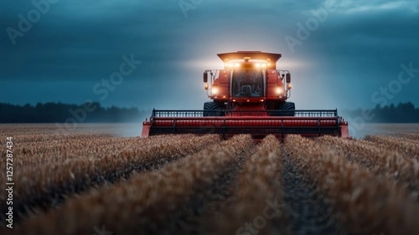 Fototapeta A combine harvester in a field at dusk, illuminated by its headlights, ready for harvest under a moody sky.