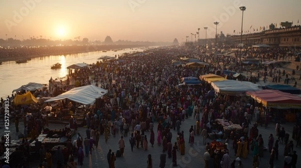 Obraz Devotees fill the banks of the Ganges and Yamuna, celebrating the Maha Kumbh Mela with colorful tents, rituals, and offerings in a lively and spiritual atmosphere