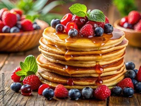 Obraz Golden pancake stack, plump berries, glistening syrup; a breakfast portrait.