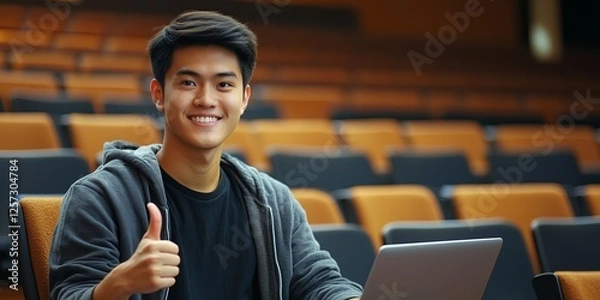 Fototapeta Smiling Asian male student sitting in lecture hall, looking at camera. University student attending class, education and learning concept.