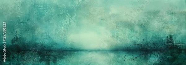Fototapeta Abstract Teal Painting, Featuring A Serene Forest Reflected On Water. Evokes Peace And Tranquility.