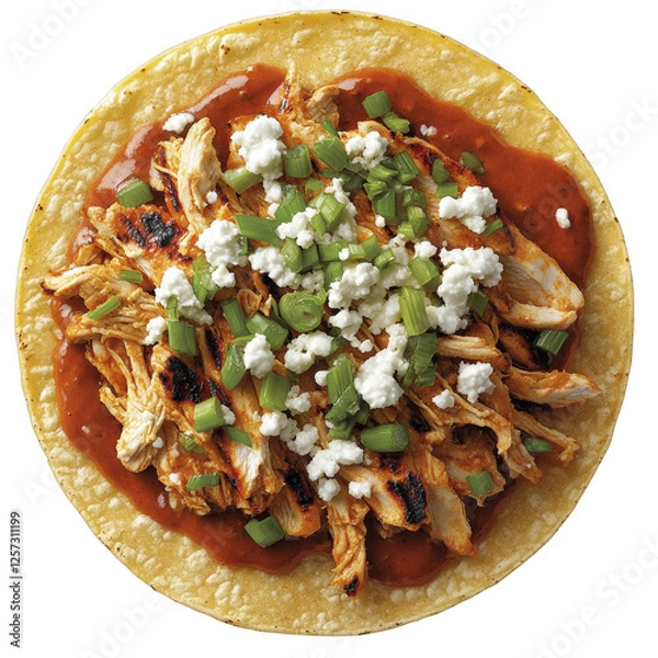 Obraz A stylized digital artwork of a spicy chicken tostada, topped with shredded grilled chicken, chipotle sauce, transparent background, PNG