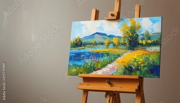 Fototapeta view of an oil-painted landscape on an easel with a simple background