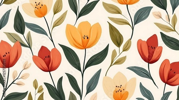 Fototapeta Elegant Floral Pattern: A Seamless Design of Warm-Toned Tulips and Greenery