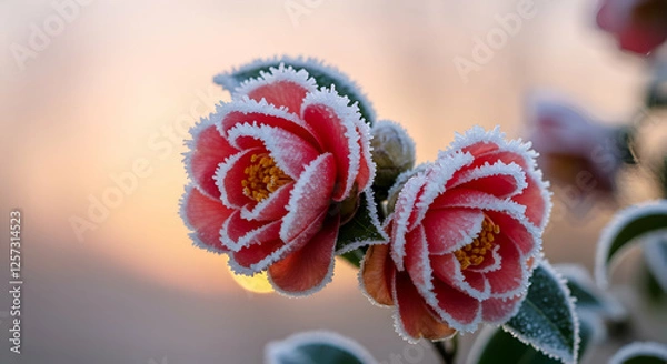 Fototapeta Frosty Camellias with Soft Sunrise Tones in a Winter Garden