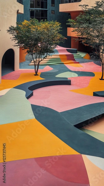 Obraz Vibrant courtyard garden abstract shapes playful design