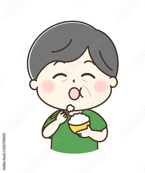 Obraz 白米を美味しいと言いながら食べている年配男性のゆるかわイラスト