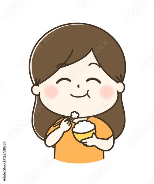 Obraz 白米をもぐもぐ美味しそうに食べている女性のゆるかわイラスト