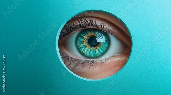 Obraz A mesmerizing teal eye peering through an oval opening, a captivating study in color and observation.