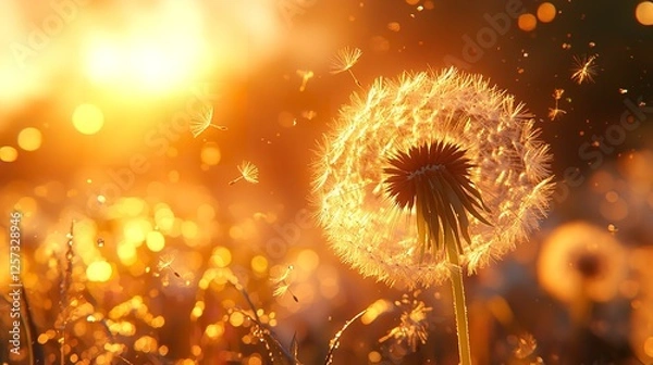 Fototapeta Dandelion Seed Head with Golden Bokeh in Sunset Light