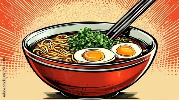 Fototapeta Asian ramen illustration featuring a steaming bowl of noodles, chopsticks, and flavorful ingredients, perfect for culinary projects and restaurant branding, artistic sketch style