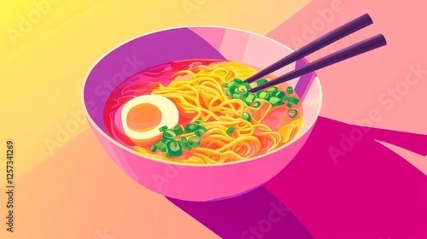Fototapeta Hand-drawn ramen bowl with rich broth, noodles, and toppings, ideal for food packaging, menu designs, and culinary promotions, vintage illustration style