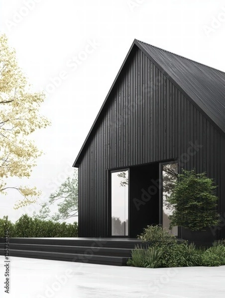 Obraz Black House Modern Architecture: Modern architectural masterpiece features sleek black exterior. The image evokes a sense of serene minimalism, with clean lines and sharp angles.