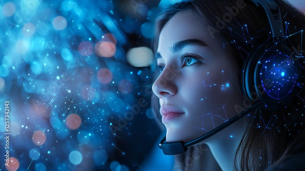 Obraz AI-Powered Customer Service and Virtual Communication – Close-Up of a Woman with a Headset, Surrounded by Glowing Cyber Particles, Representing Online Support, AI Chatbots, and Digital Connectivity
