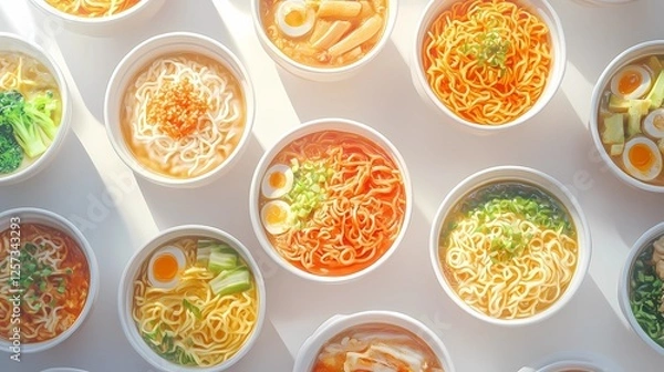 Fototapeta Authentic Japanese ramen dish with rich details, featuring noodles, vegetables, and broth, suitable for cookbook covers, restaurant decor, and ads, modern sketch style