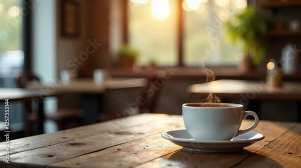 Fototapeta Aromatic Coffee in a Cozy Cafe Setting Warm Morning Light Illuminates a Steaming Mug on Rustic Wooden Table