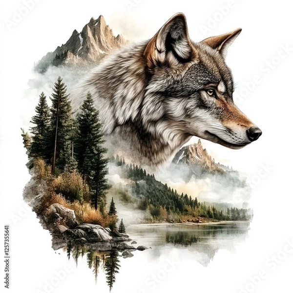 Fototapeta wolf in the wilderness visualization on isolated background
