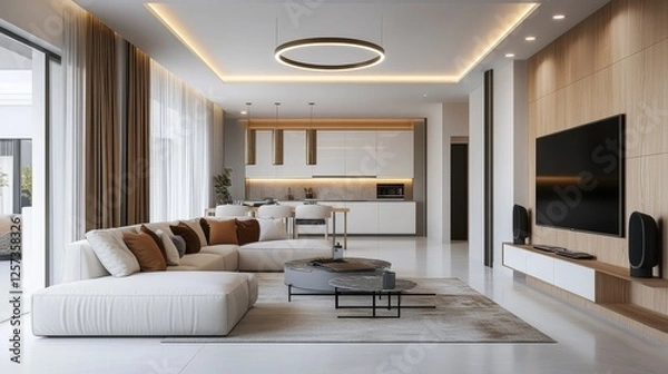 Fototapeta A high-tech living room with automated lights, speakers, and a smart TV.