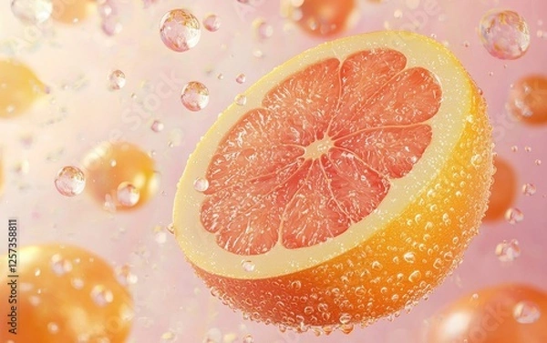 Fototapeta A juicy grapefruit half floating mid air with droplets of citrus juice suspended, pastel pink background