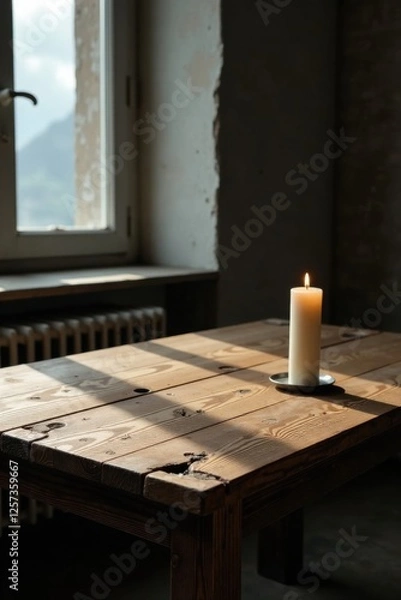 Fototapeta A single lit candle rests on a rustic wooden table bathed in sunlight streaming through a nearby window.