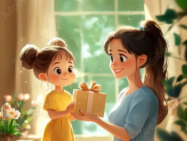 Fototapeta A colorful animated scene captures a joyful moment between a mother and daughter as they exchange gifts, representing love, celebration, and the magic of parenthood.