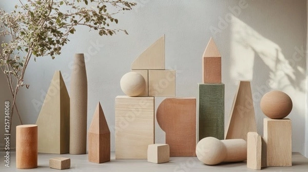 Fototapeta A collection of wooden geometric shapes arranged artistically against a neutral background.