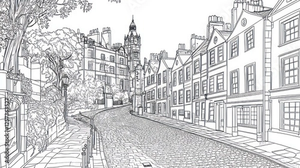 Fototapeta Cobblestone street, historic buildings, uphill curve, leafy background; coloring page