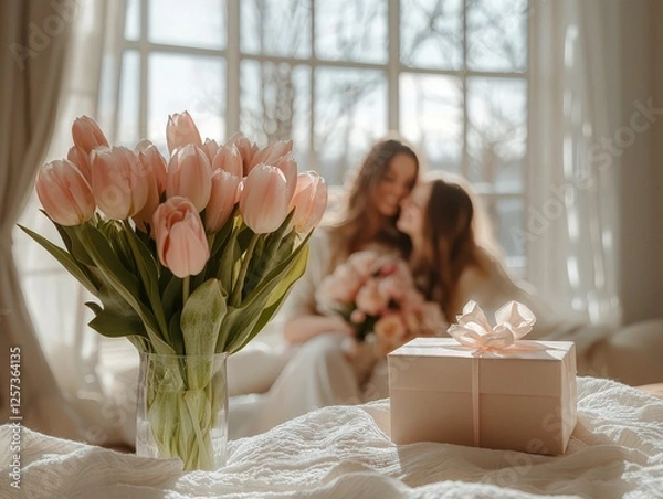 Fototapeta This enchanting image displays vibrant pink tulips in a vase and a gift box, capturing a joyful family moment, emphasizing love and togetherness in a cozy atmosphere.