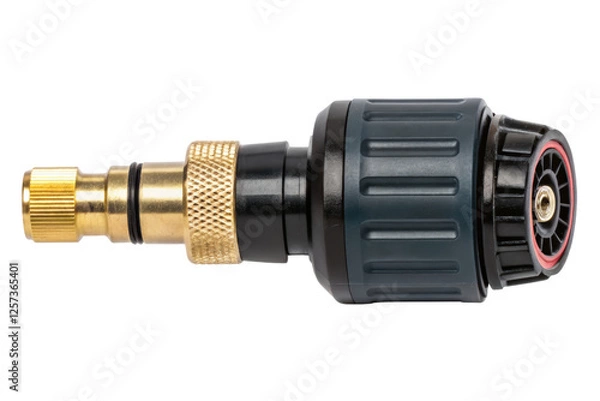 Fototapeta Black and gold pneumatic connector fitting isolated with transparent background