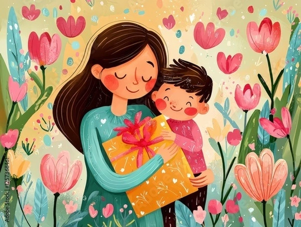 Fototapeta A heartwarming scene of a mother embracing her child while holding a beautifully wrapped gift amidst blooming flowers, symbolizing love and joy in a vibrant setting.
