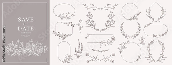 Fototapeta Elegant minimal style floral frame set. Hand drawn botanical borders and wreaths with branches, leaves and flowers in line art. Vector for wedding invitation, save the date card, logo design, monogram