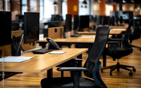 Fototapeta Modern office interior showcasing empty desks with computers, phones, and organized workspace