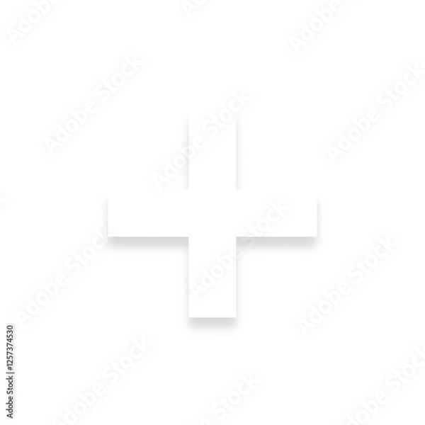 Fototapeta White + plus sign with a soft shadow down on transparent background