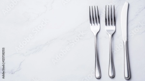 Fototapeta Elegant silverware on marble; place setting; restaurant background; menu design