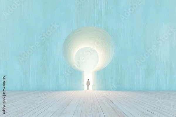 Fototapeta A lone person stands before a massive glowing keyhole-shaped opening in a serene blue environment, representing opportunity, transition, and discovery.