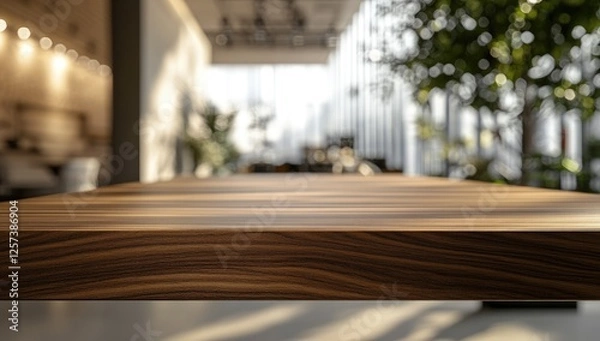 Fototapeta Wooden table, cafe, sunlight, bokeh, background, product display