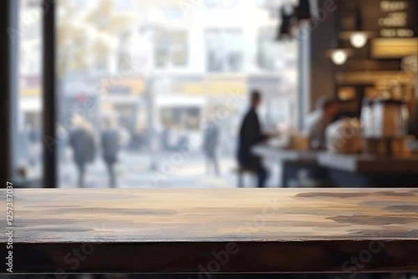 Fototapeta Empty wooden cafe table, city street view, blurred background, product display