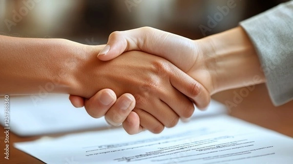Fototapeta Two hands clasped in a firm business handshake
